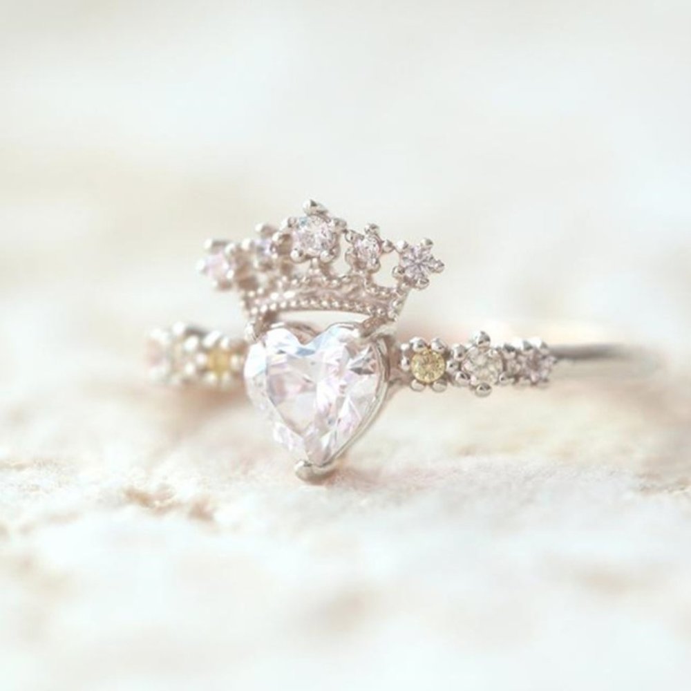 Silver Tone Heart Crown Rhinestone Ring